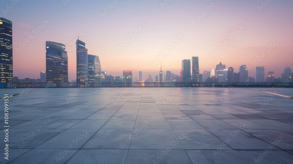 Empty square floor with city skyline background, City skyline with dynamic urban commercial district, vibrant urban scene Empty square floor with city skyline background, City skyline with dynamic urban commercial district, vibrant urban scene