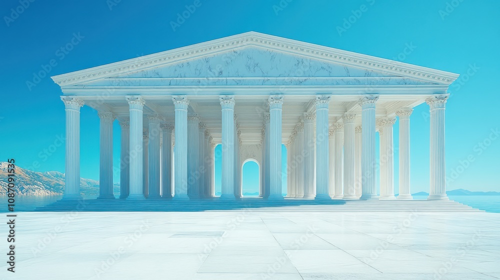 A grand marble temple structure against a blue sky backdrop. A grand marble temple structure against a blue sky backdrop.