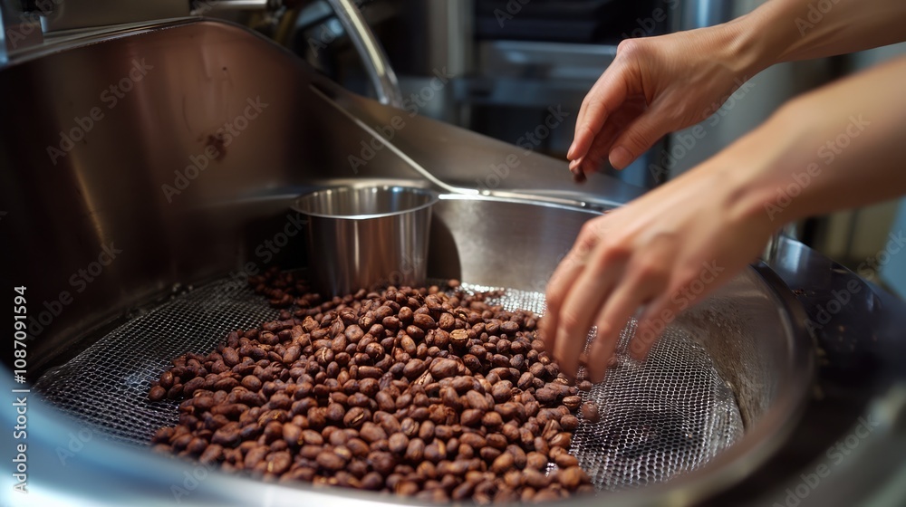 Hands Sorting Coffee Beans in a Metal Roaster Hands Sorting Coffee Beans in a Metal Roaster