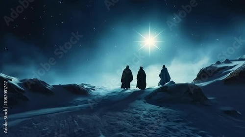 Three Wise Men follow the bright Star of Bethlehem. A mystical, serene scene capturing the journey of Epiphany photo