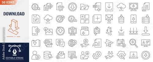 Download Editable Stroke Line Icon set. Containing upload, document, download file, folder, data and PDF icons. Vector Illustration.