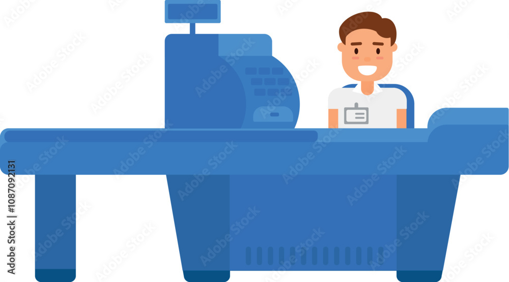 Store cashier sits at cash register waiting for customers. Cashier workplace in supermarket. Simple vector in flat style isolated on white background Store cashier sits at cash register waiting for customers. Cashier workplace in supermarket. Simple vector in flat style isolated on white background
