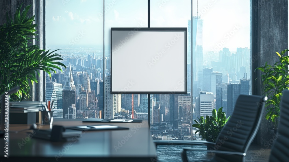 Fototapeta premium Blank Canvas in Modern Office with City View