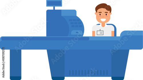Store cashier sits at cash register waiting for customers. Cashier workplace in supermarket. Simple vector in flat style isolated on white background