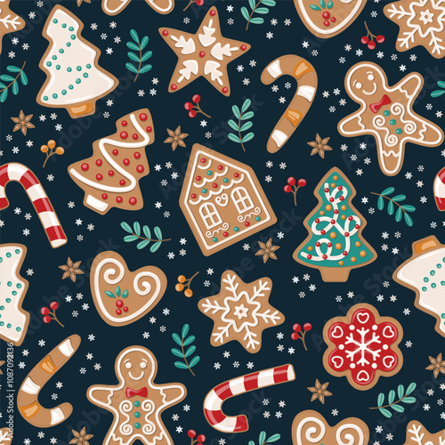 Seamless pattern Christmas theme with ginger breads, candies, Christmas tree, stars. Vector illustration.