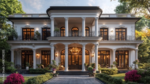 Elegant mansion with columns, lush garden, and warm lighting.