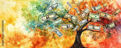 vibrant tree with colorful leaves and dollar bills as foliage symbolizes wealth and prosperity. artistic blend of colors creates lively atmosphere