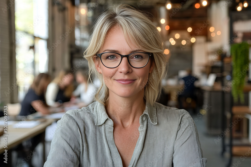 Smiling middle-aged blonde woman with glasses in a modern office, showcasing confidence, intelligence, and approachability, ideal for themes of leadership, career success, and business communication.
Smiling middle-aged blonde woman with glasses in a modern office, showcasing confidence, intelligence, and approachability, ideal for themes of leadership, career success, and business communication.