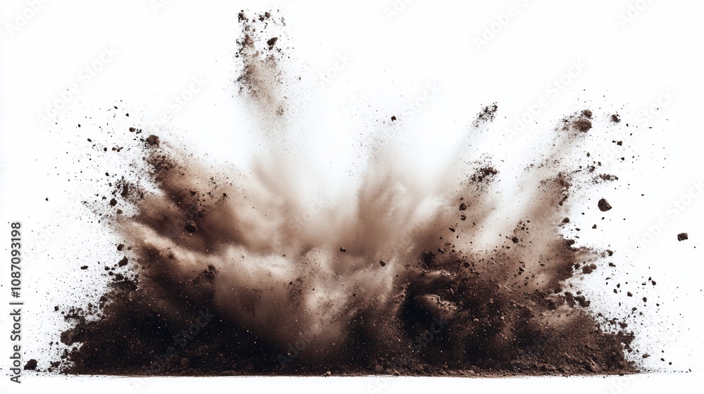 A cloud of brown dust explodes against a white background.