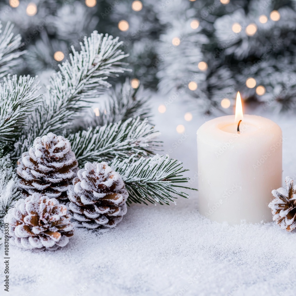 Snowy winter scene with candle, pine cones, and evergreen branches. Snowy winter scene with candle, pine cones, and evergreen branches.