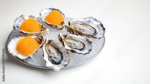 Freshly Shucked Oysters on Ice Platter with Luxury Food Text Space photo