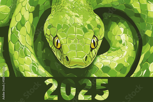 Green snake background. Reptile head close up with eyes. Front view. Symbol of lunar Chinese New Year 2025 zodiac sign calendar animal. Flyers social media advertising poster. Cartoon style vector