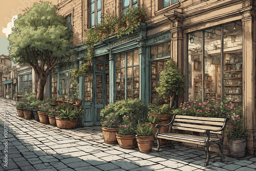 Vintage lane: antique store, big glass display, wooden bench, potted plants, cracked stone walkway, tree shade, and pastel buildings in the back. In illustration style.