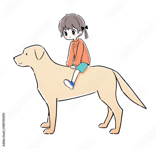 犬の背中に乗った少女のイラスト