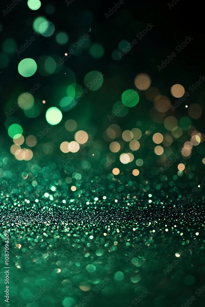 Abstract background green emerald glitter with blurred bokeh. Luxury vertical template for new year, christmas, st patricks day party or holiday card with place for text Abstract background green emerald glitter with blurred bokeh. Luxury vertical template for new year, christmas, st patricks day party or holiday card with place for text