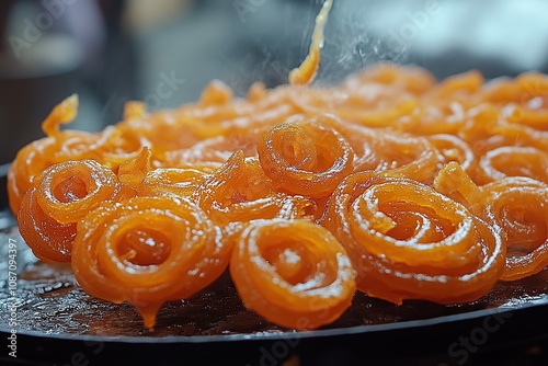 Close-up of steaming, golden jalebi Indian sweet treat on a platter. photo