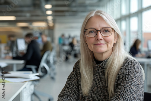 Professional middle-aged woman in office setting wearing glasses, exuding confidence and elegance, ideal for business, leadership, career, corporate, and lifestyle themes.

 photo