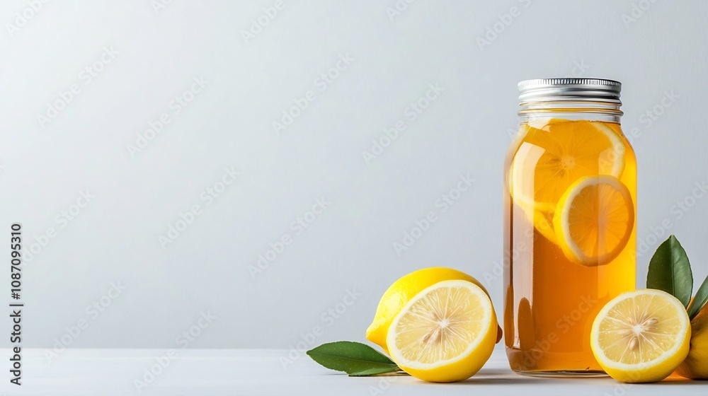 Mason Jar of Refreshing Iced Tea with Lemon Slices on a Table Mason Jar of Refreshing Iced Tea with Lemon Slices on a Table