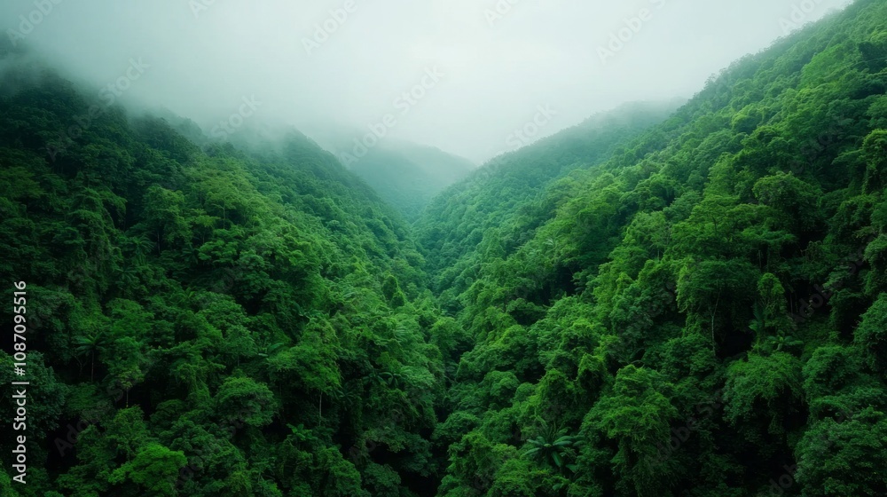 Fototapeta premium Aerial perspective of a vibrant rainforest, towering trees, dense green canopy, showcasing nature's rich biodiversity and intricate patterns