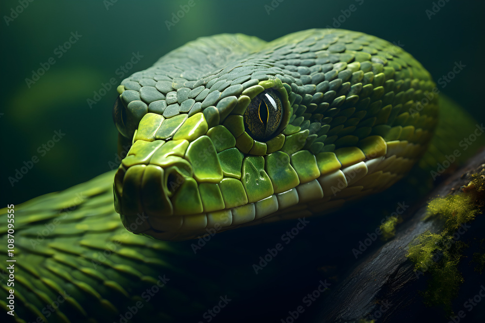 Fototapeta premium Close-up of green snake in jungle with intense eyes, wildlife photography, snake in nature