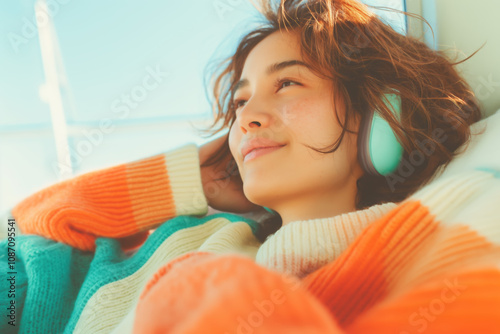 Serene moment of an Asian woman enjoying music in a cozy sweater by the window