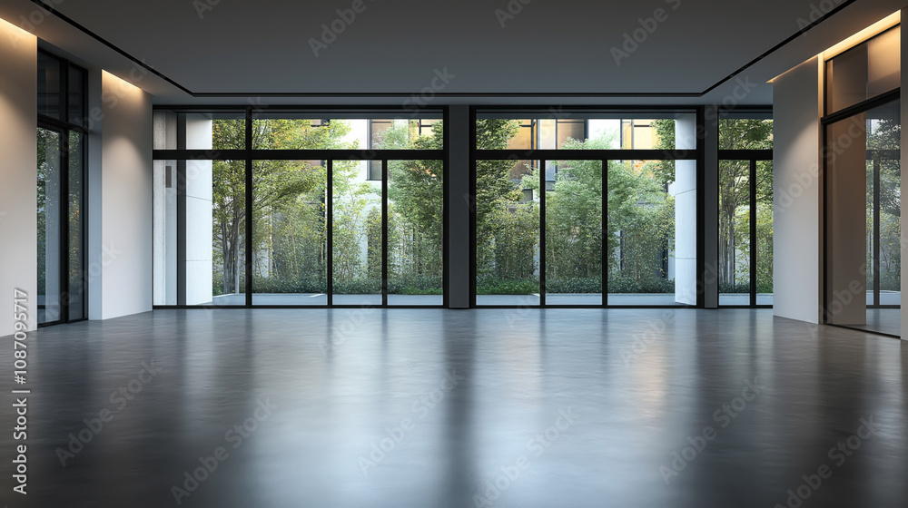 Fototapeta premium Spacious modern interior with large floor-to-ceiling windows overlooking a lush garden area with trees and greenery, featuring a sleek gray floor and neutral walls.
