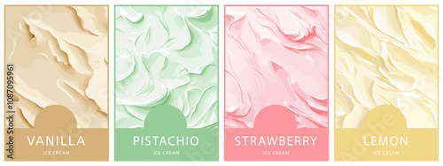 Ice cream texture vertical backgrounds set with place for heading. Vanilla strawberry lemon pistacho colors. Sweet shop store backdrop party invitation template backdrop banner. Cartoon style vector