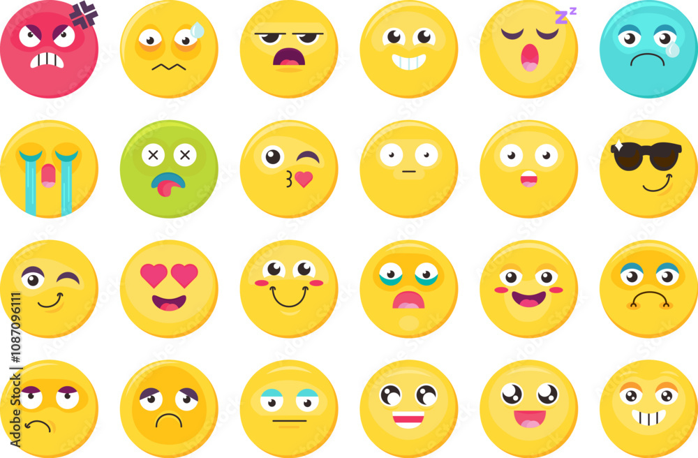 © barsrsind - different facial expressions colorful emoji icon set, happy, sad, angry, kiss, sleepy, love, crying, bored, surprised. Funny vector sticker, social media mood, emotion and feeling chat element © barsrsind - different facial expressions colorful emoji icon set, happy, sad, angry, kiss, sleepy, love, crying, bored, surprised. Funny vector sticker, social media mood, emotion and feeling chat element