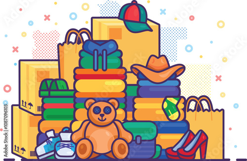 Mountain of purchases and gifts stacked in large pile. Toys, clothes and gifts for souvenirs New Year holidays. Simple cartoon vector concept in childish hand drawn style isolated on white background