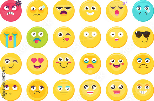 different facial expressions colorful emoji icon set, happy, sad, angry, kiss, sleepy, love, crying, bored, surprised. Funny vector sticker, social media mood, emotion and feeling chat element
