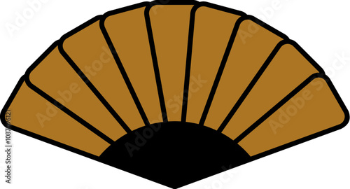 Chinese Asian paper folding fan in black and gold tones. Women theatrical fan for fanning and comfortable airflow during hot weather. Simple vector decorative element isolated on white background