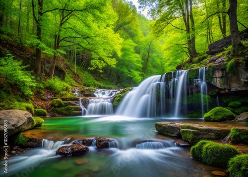 Serene Arkansas Cascade in the Lush Ozark Mountains with Soft Water Flowing Over Rocky Ridge Surrounded by Vibrant Spring Foliage in a Dense Wilderness Setting