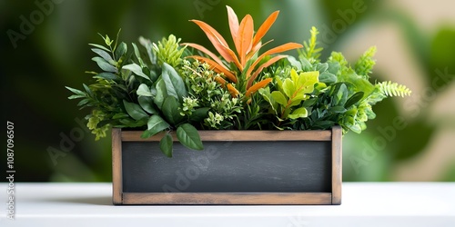 Distressed wooden flower box overflowing with a curated selection of flourishing varied greenery photographed on a crisp white tabletop in a studio setting  The natural
