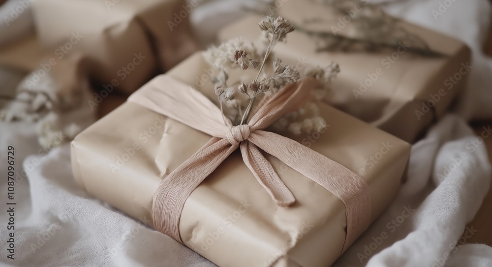 Eco-friendly paper-wrapped gifts with dried flowers, soft beige ribbons and natural color accents. Eco-friendly paper-wrapped gifts with dried flowers, soft beige ribbons and natural color accents.