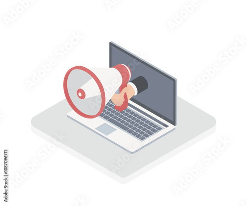 Social media marketing or SMM, digital advertising isometric landing page. Concept with computer screens around giant megaphone or bullhorn. Vector illustration for website.