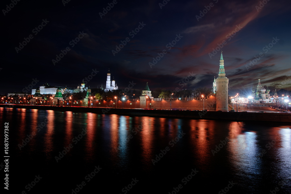 Beautiful city landscape at night. The Moscow River and Kremlin buildings. Beautiful city landscape at night. The Moscow River and Kremlin buildings.