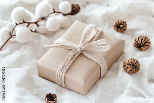 Close-up photo of a beige gift box with a white twine ribbon, cotton balls and pine cones on the side against a white linen background. Christmas or festive present.