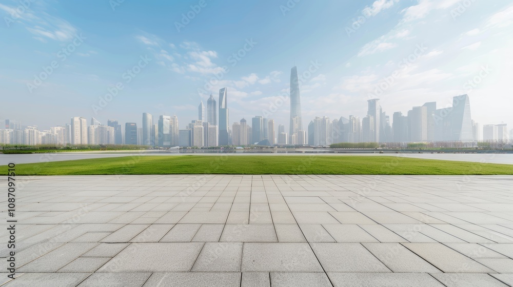 Empty square floor with city skyline background, Minimalist urban panorama, clean lines and geometric shapes Empty square floor with city skyline background, Minimalist urban panorama, clean lines and geometric shapes