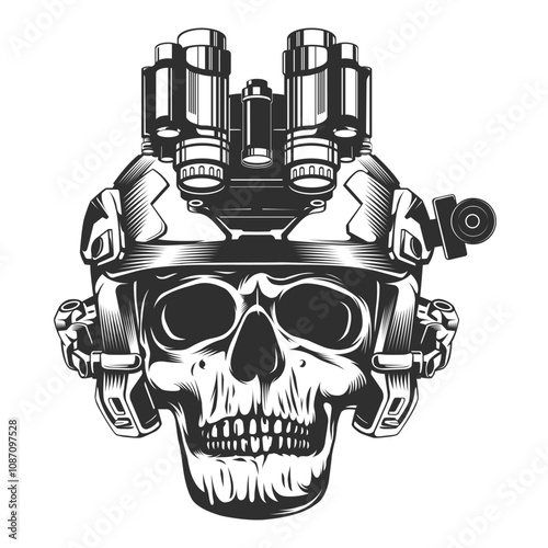 Black and white design of skull wearing tactical helmet