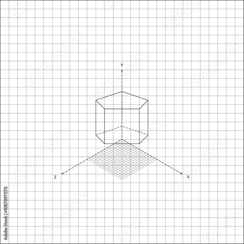 Image of volumetric pentagon on coordinate grid on notebook sheet of checkered paper. School paper sheet lined in a cage with mathematical drawing of volumetric pentagon. Simple black and white vector