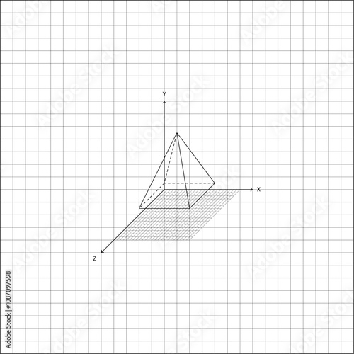 Image of tetrahedral pyramid on coordinate grid on notebook sheet of checkered paper. School paper sheet lined in a cage with mathematical drawing of tetrahedral pyramid. Simple black and white vector photo