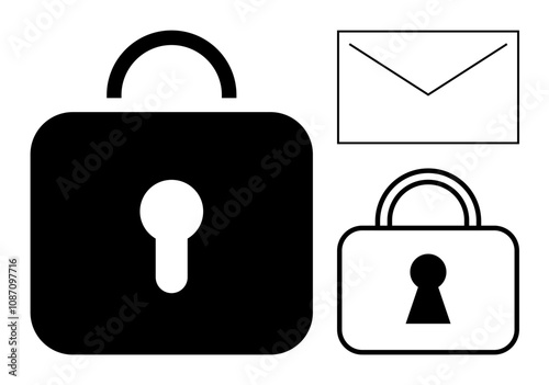 Two padlocks and a closed envelope. Ideal for digital security, encryption, privacy, email safety, data protection, online security, secure communication. Line metaphor