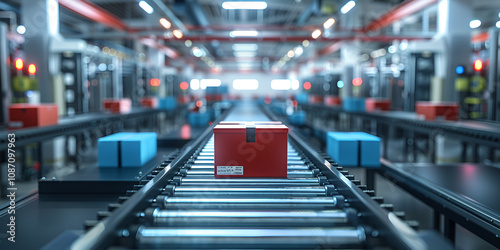 Conveyor System with Red Packages in Factory, High-Speed Automated Packaging Line in Facility