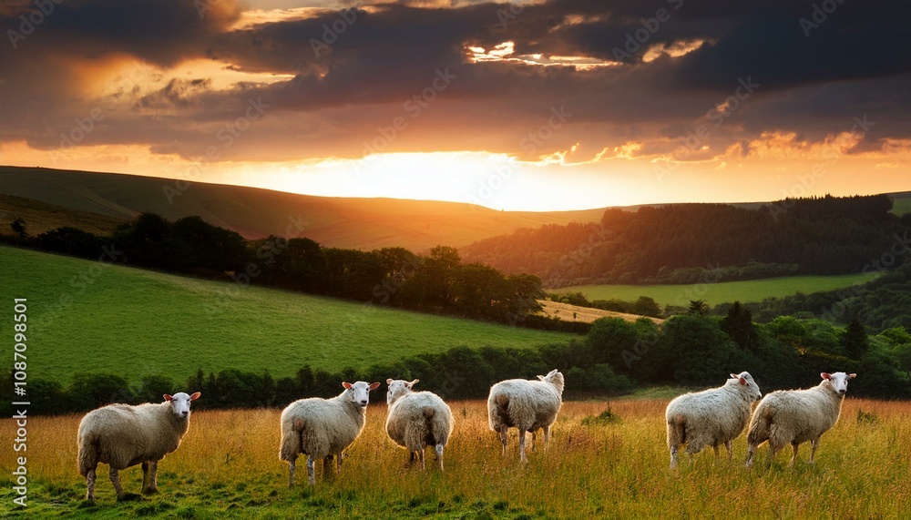 sheep in the field at sunset under a dramatic sky with hills overgrown
