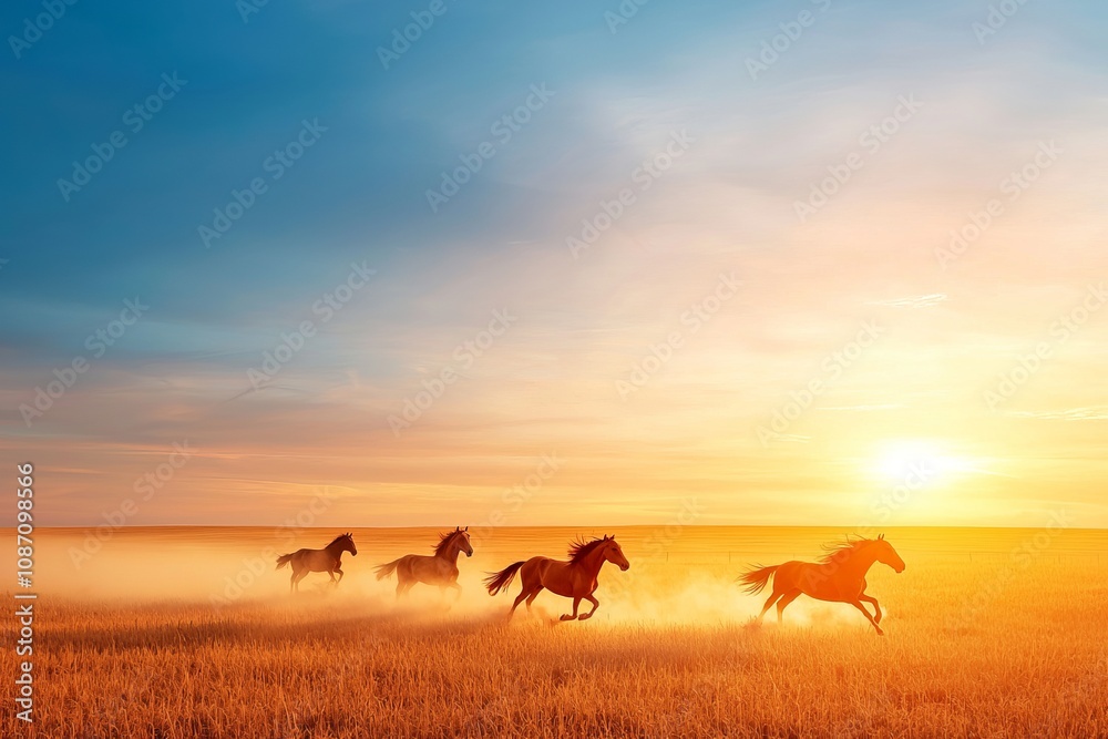 Wild horses run through a golden meadow at sunset, creating a stunning natural scene. Wild horses run through a golden meadow at sunset, creating a stunning natural scene.