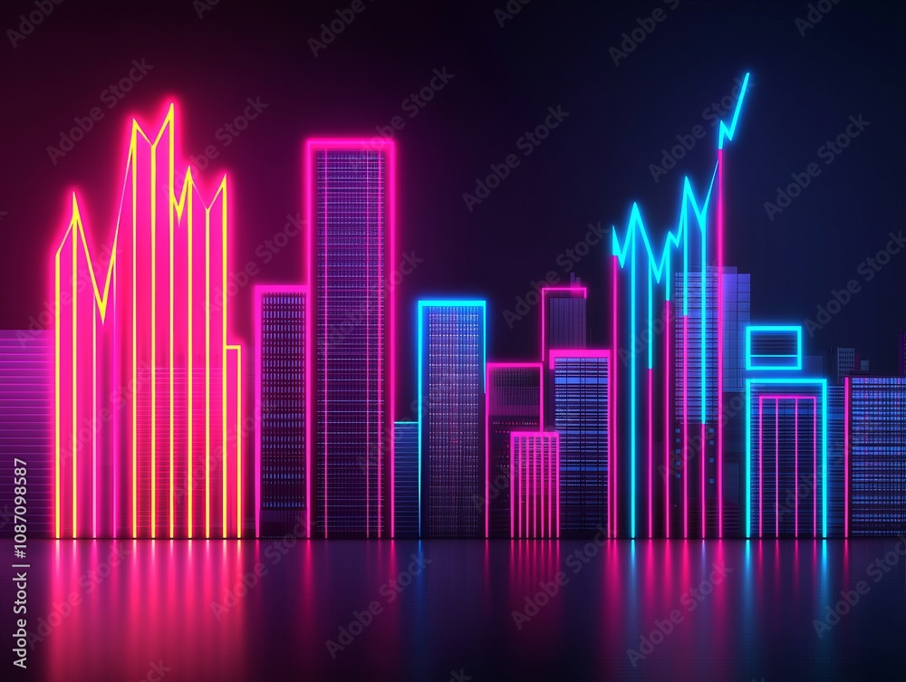 Colorful neon city skyline with vibrant financial growth graphics and reflections.
