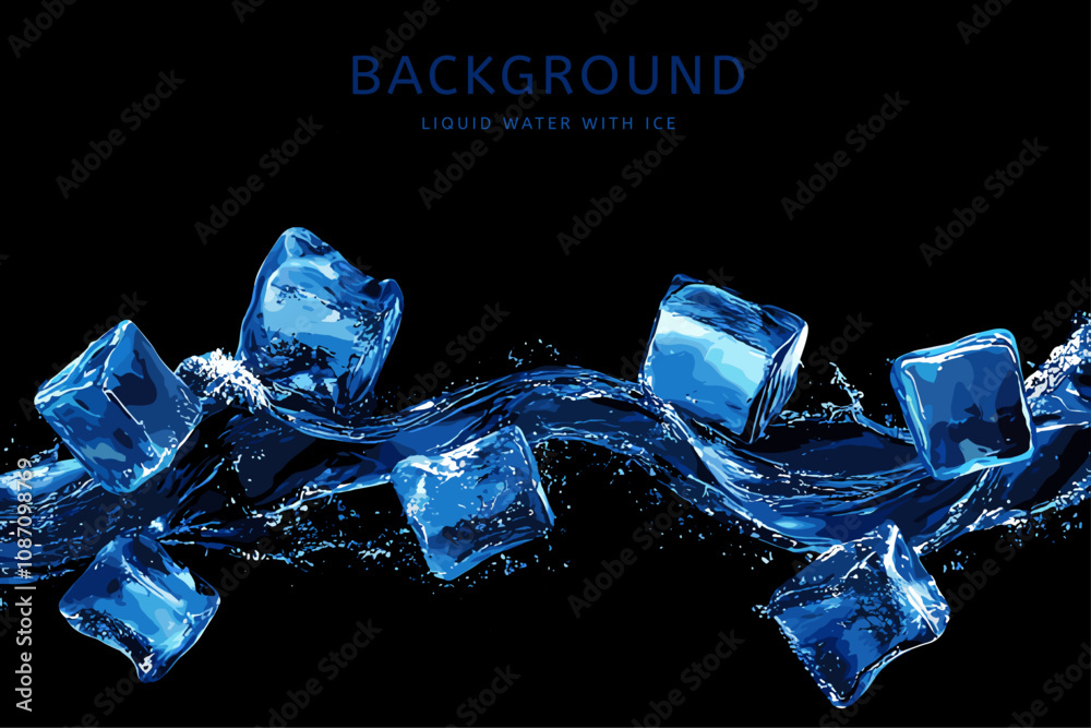 Liquid blue long water flow splash and frozen ice cubes on dark background. Splatters of clean drink swirl stream or spill. Menu restaurante fresh summer drink desing banner. Cartoon style vector