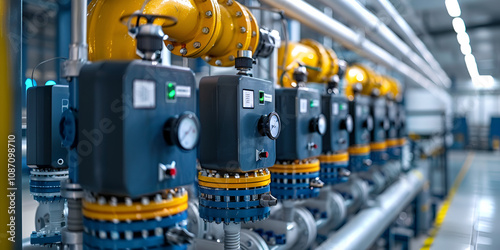 Industrial Piping with Pressure Valves in Factory, High-Tech Fluid Control Systems in Manufacturing Facility