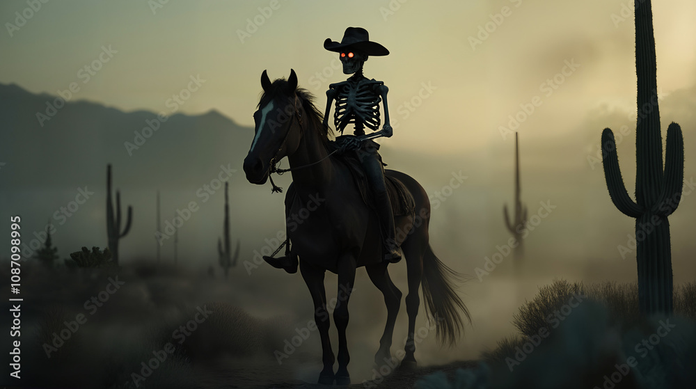 A Hauntingly Eerie Skeleton Cowboy Rides Through a Ghostly Desert Landscape Under a Darkening Sky A Hauntingly Eerie Skeleton Cowboy Rides Through a Ghostly Desert Landscape Under a Darkening Sky
