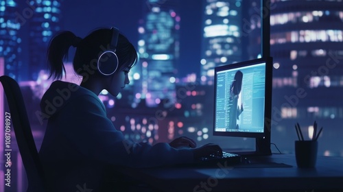 Anime girl immersed in work, headphones on, vibrant city skyline glowing at night, creative energy flowing through the urban landscape.